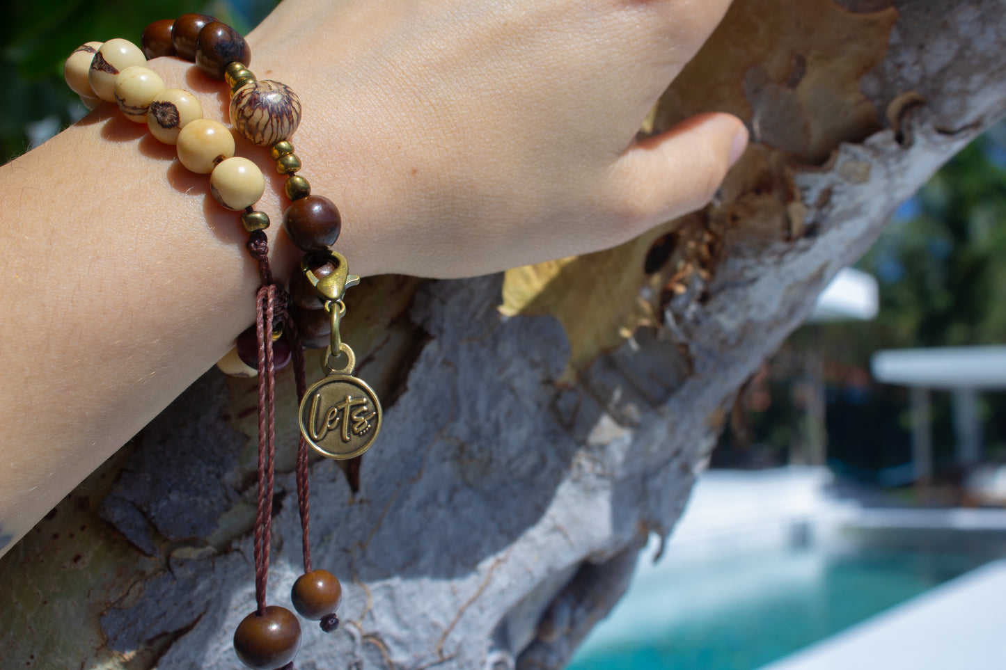 Acai Bead Wrap Bracelet - Cream and Brown