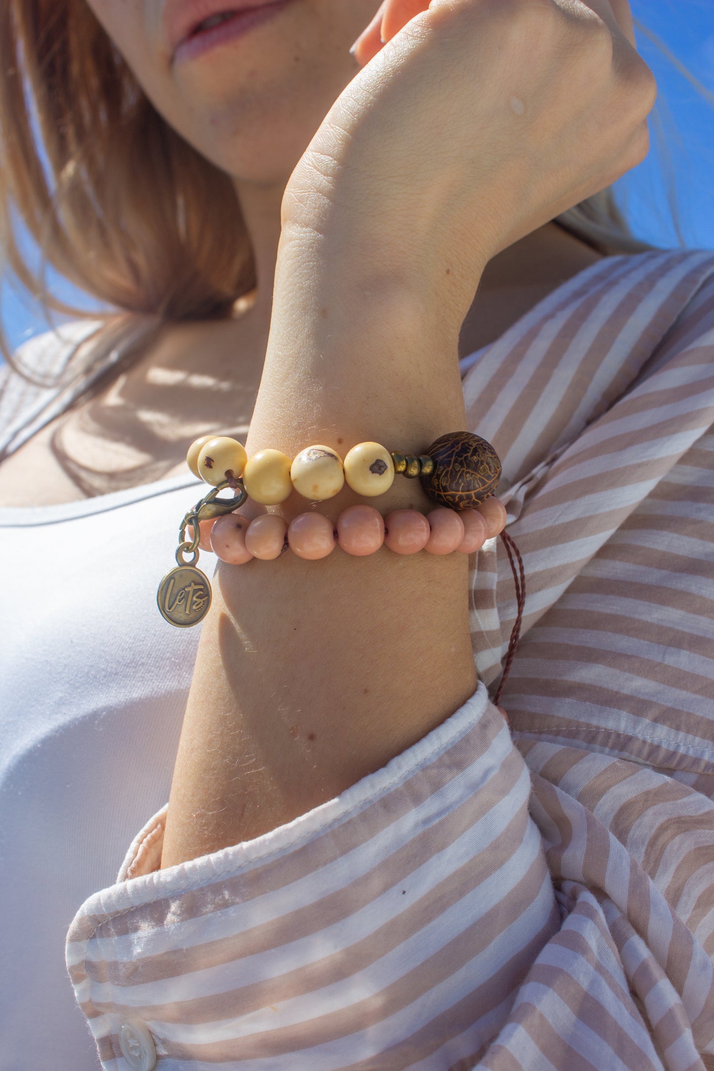 Acai Bead Wrap Bracelet - Pink and Cream