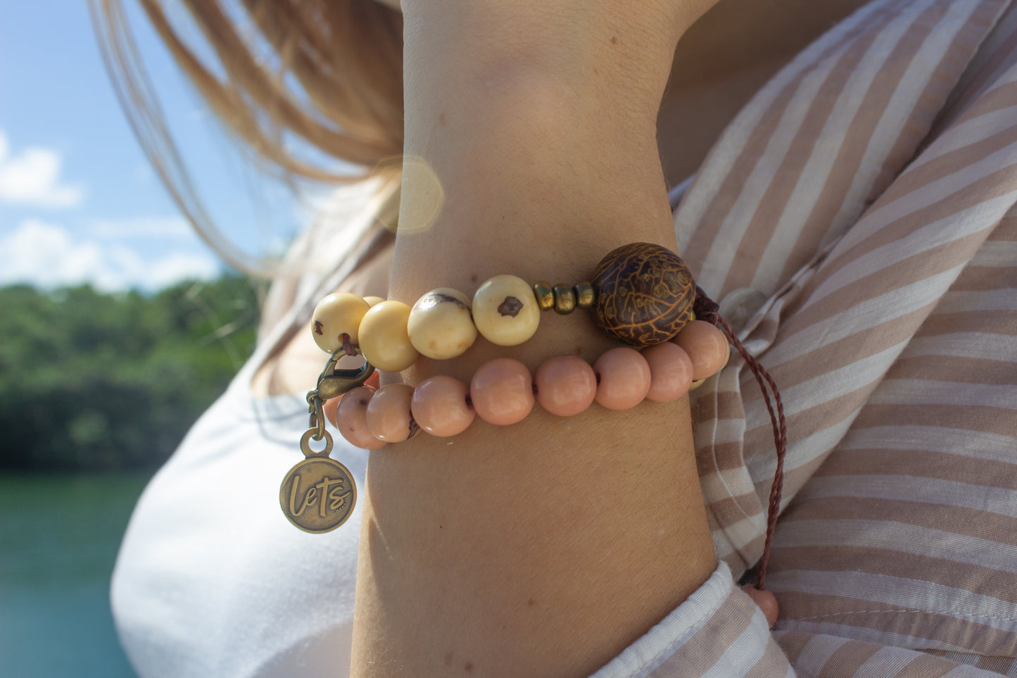Acai Bead Wrap Bracelet - Pink and Cream